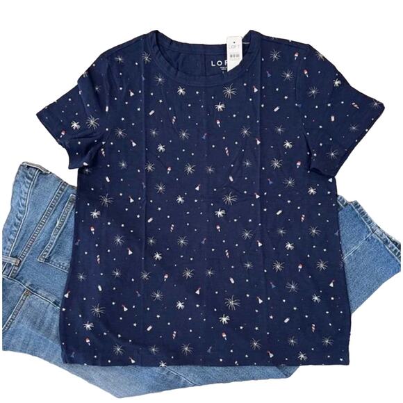 NWT LOFT Navy W/Fireworks 4th of July Print Everyday Crew Tee - SIZE M - Picture 1 of 11